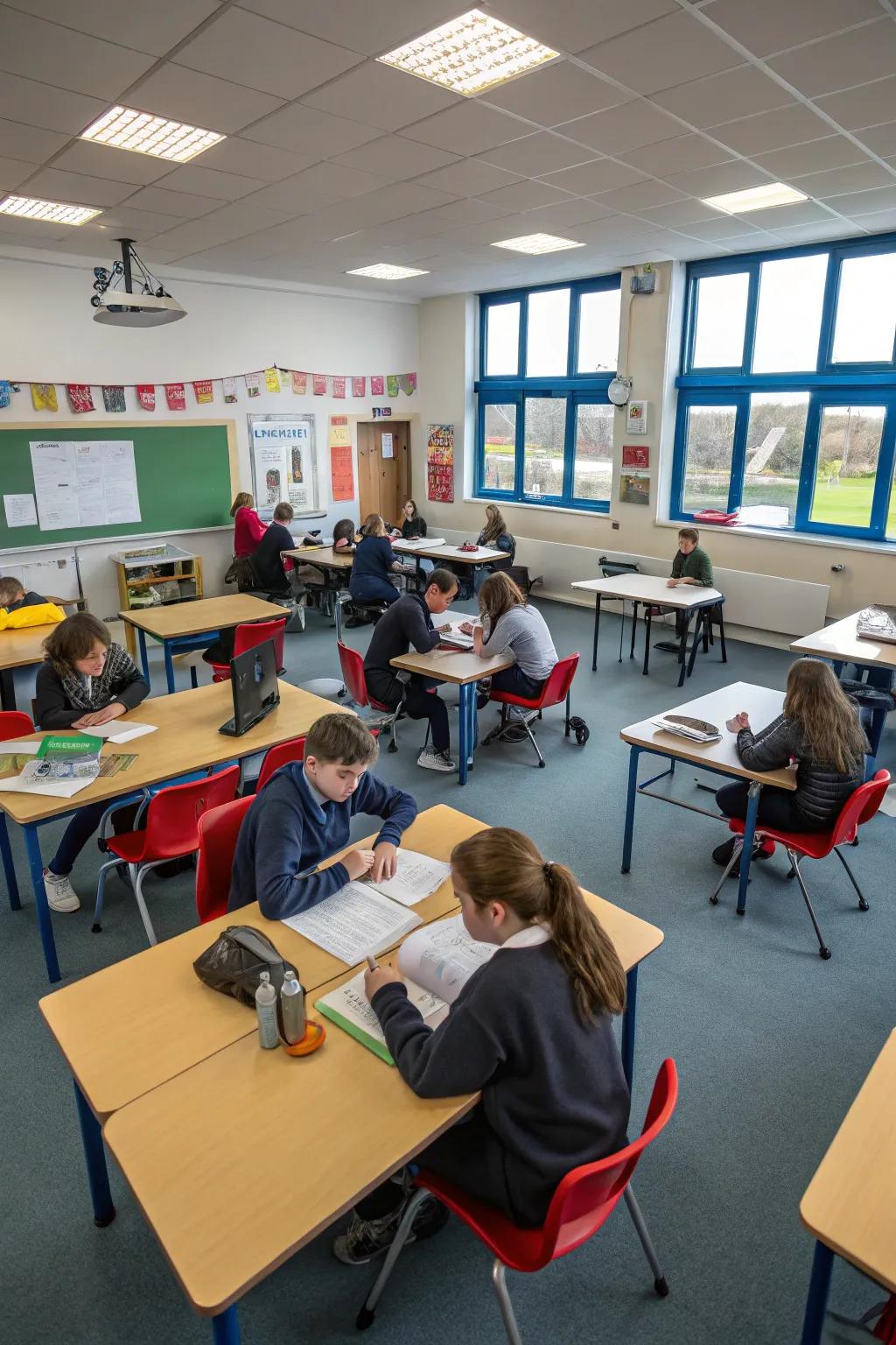 Double E desk shapes maximize space for classroom activities.
