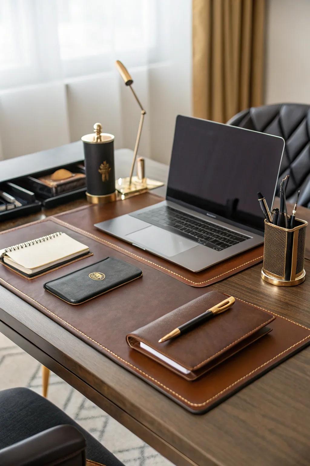 A leather desk mat introduces sophistication and style.