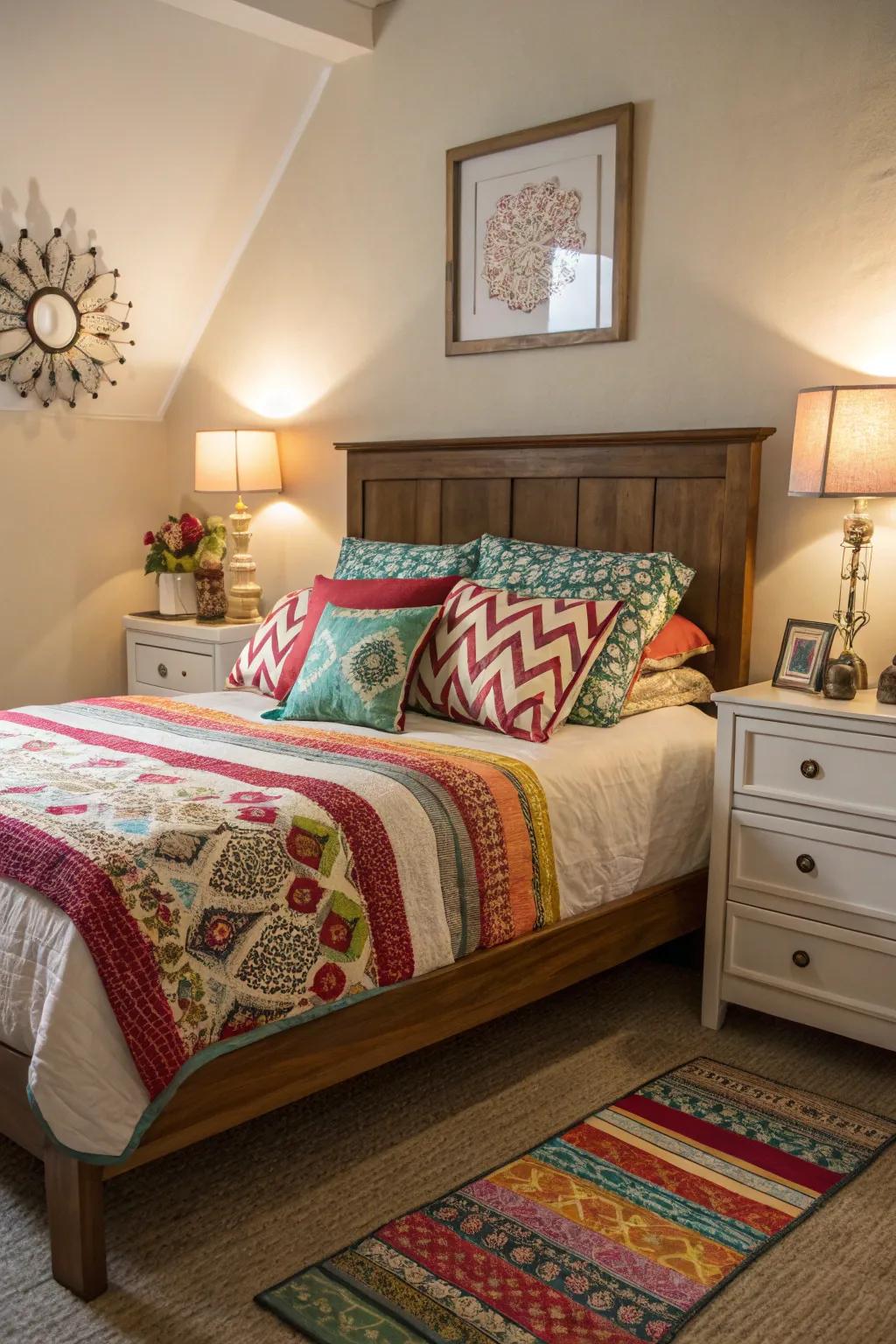 Accent colors introduce vibrancy to the bed's diagonal layout.