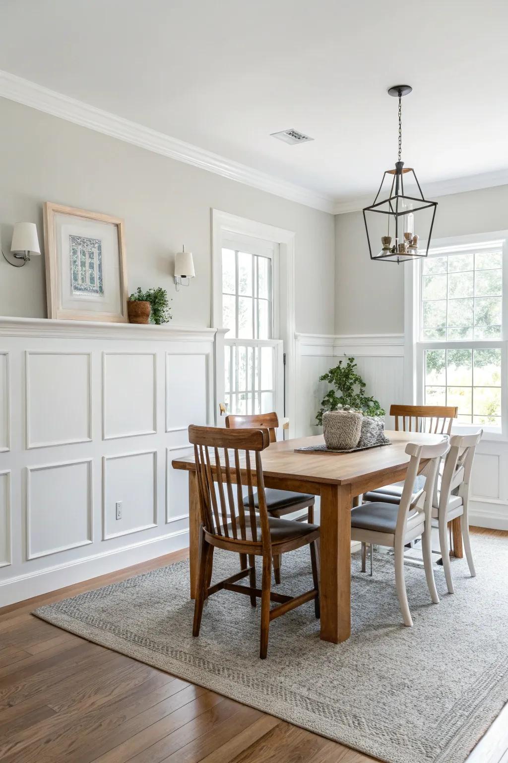 Pristine white finish fashions an airy, spacious dining setting.