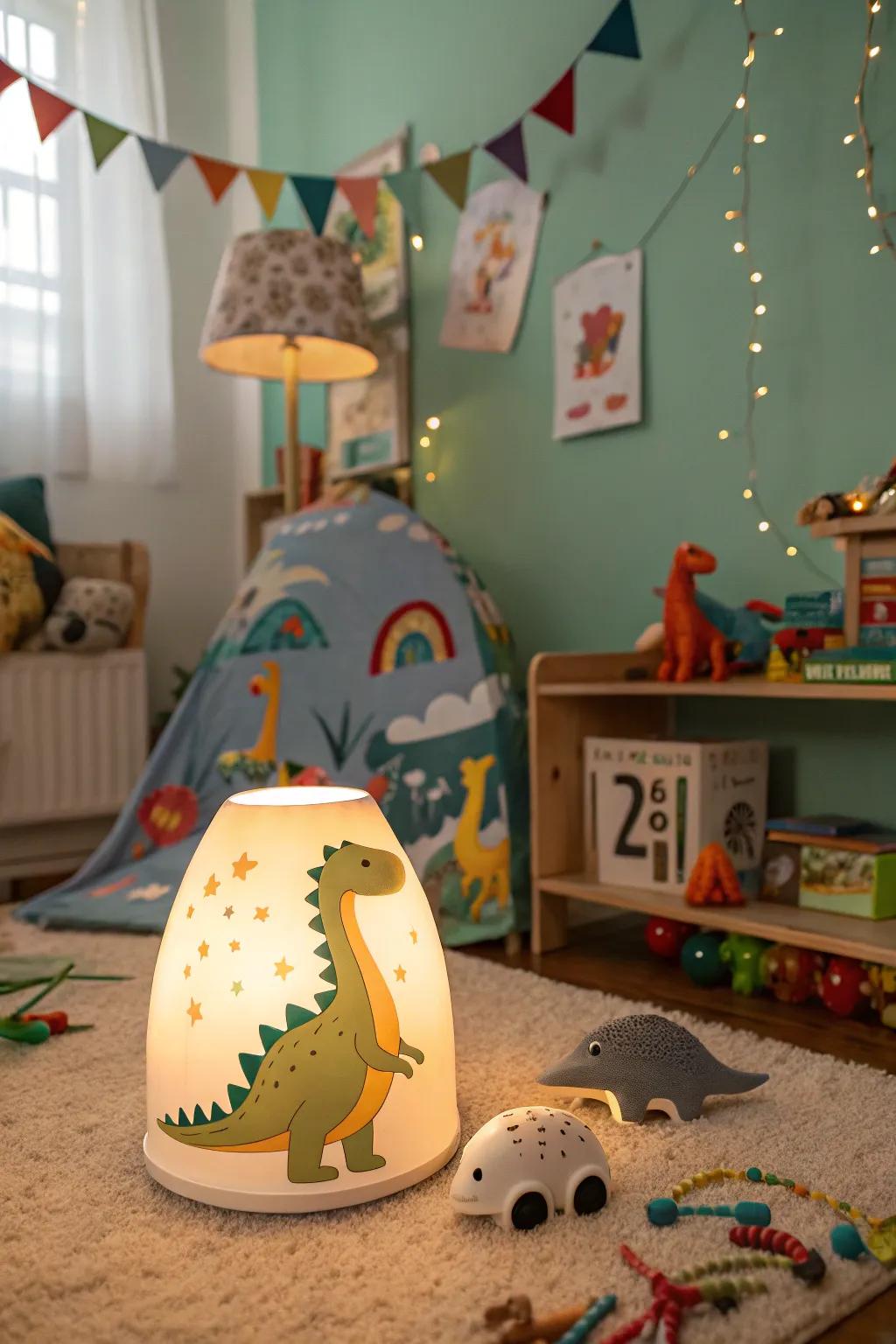 A dinosaur-themed lamp, radiating a gentle glow and fostering a whimsical ambiance ideal for restful nights and imaginative play.