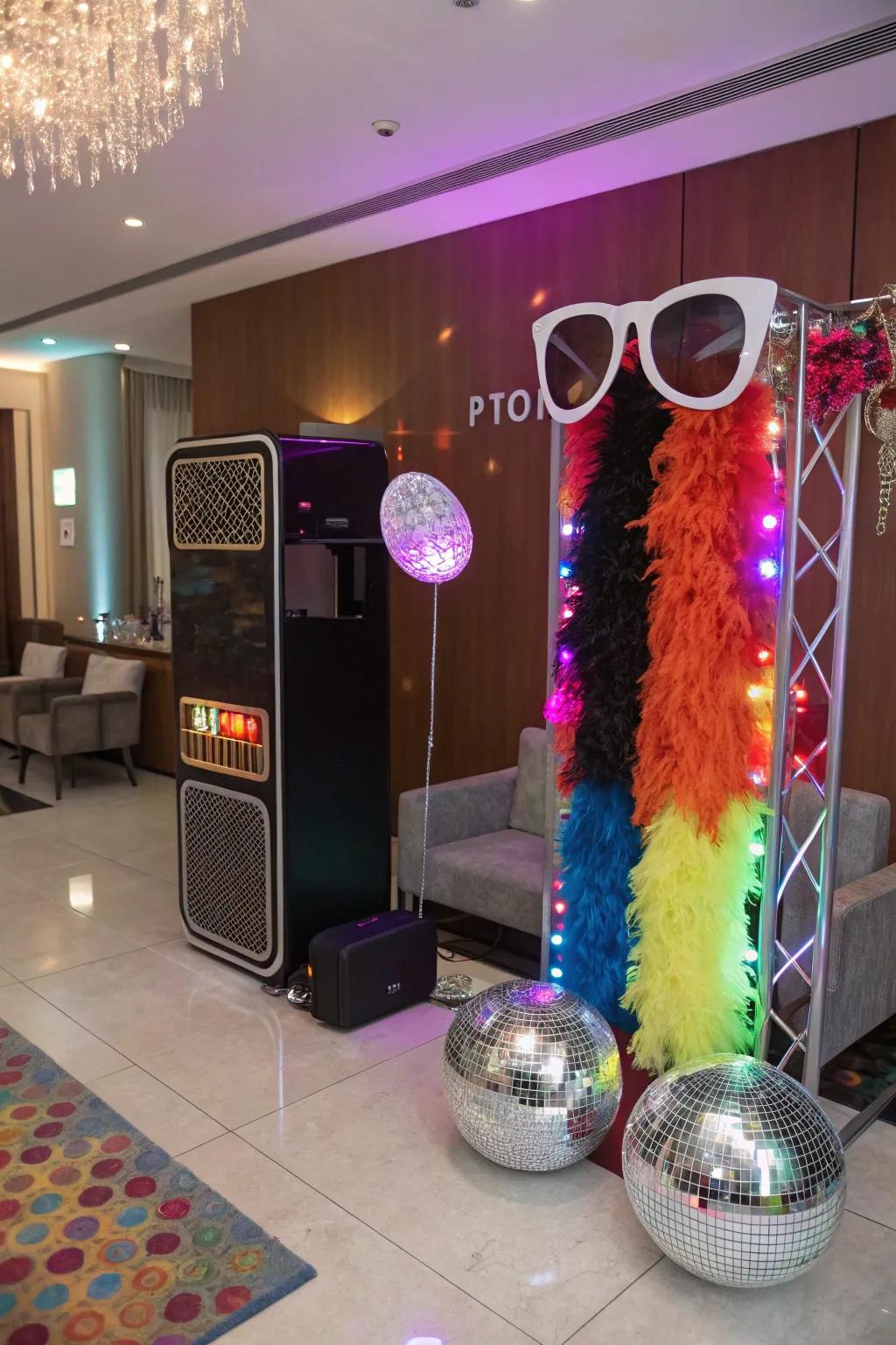 A photo booth featuring props adds fun and generates memorable photos.