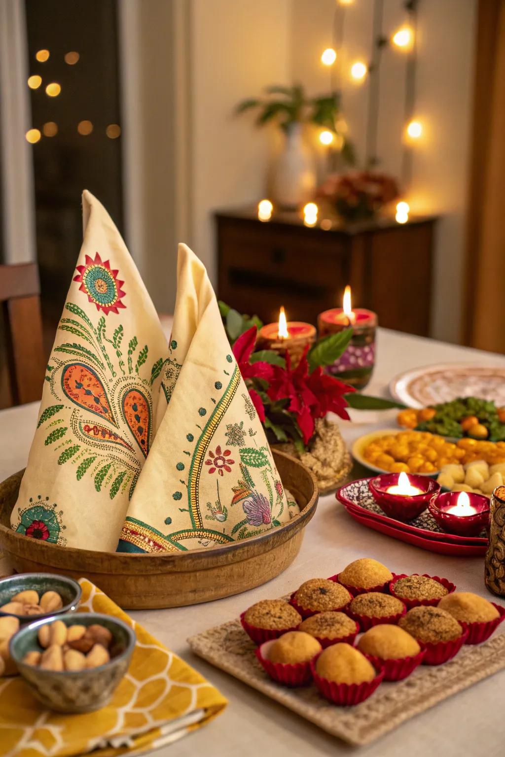 Exquisite napkin folds inspired by traditional art forms add a unique element to the table.