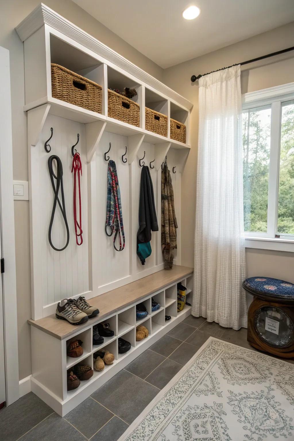 A mudroom which caters to pets and people.