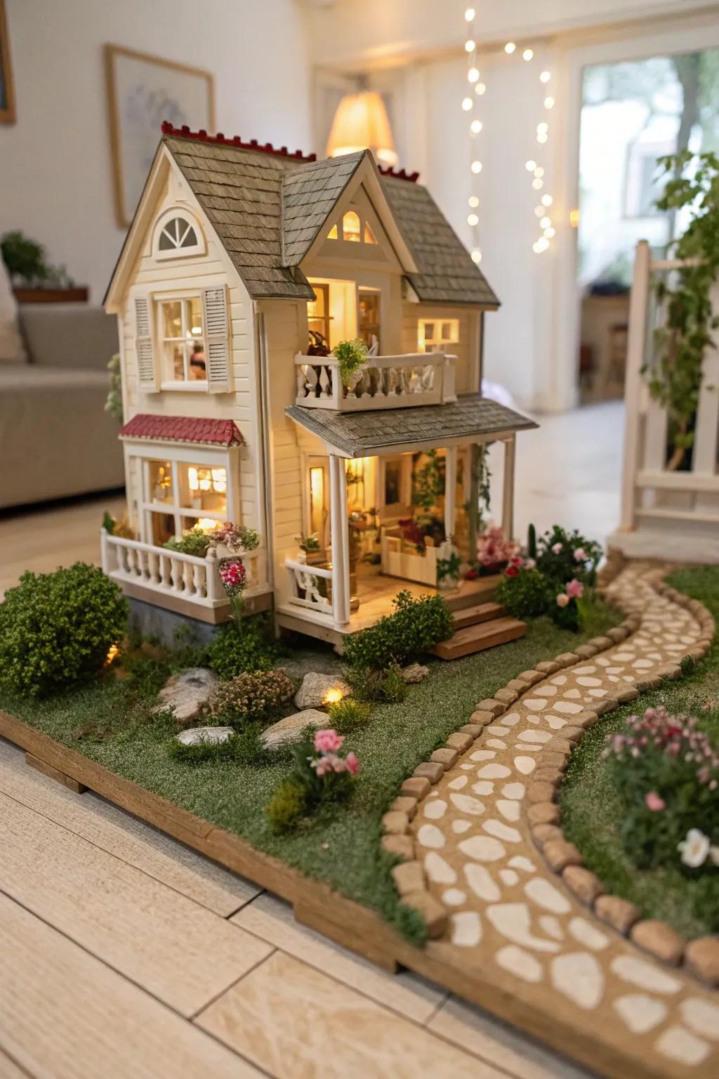 A miniature garden brings a lively touch to dollhouse displays.