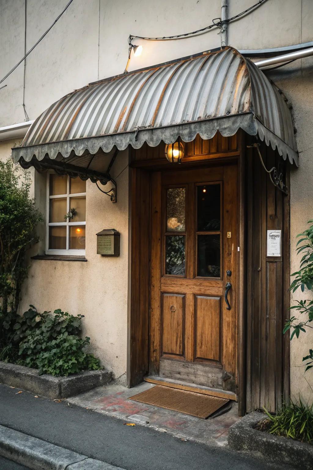 A ridged metal awning, adding texture and character.