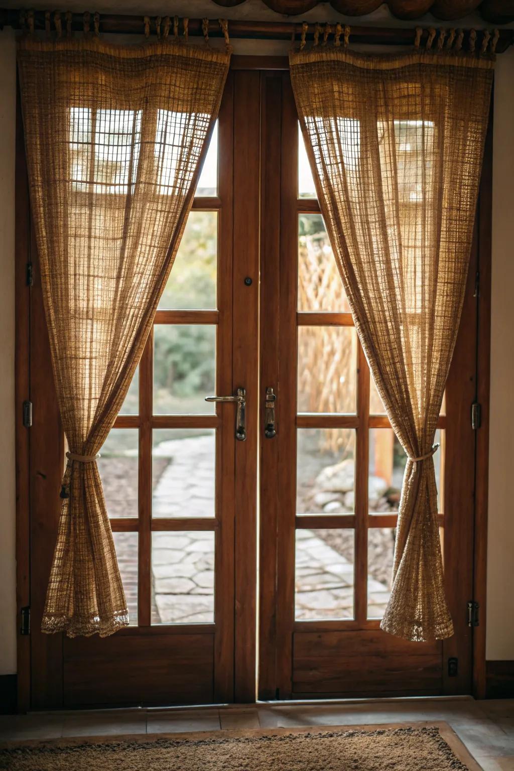 Woven wood drapes bring natural beauty and privacy to door windows.