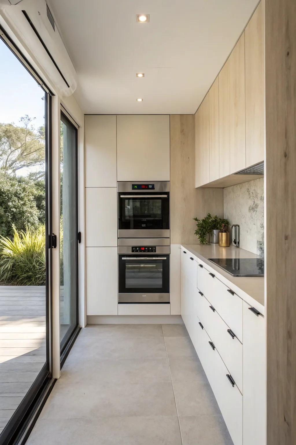 A compact kitchen features a slide-in double oven that conserves space and enhances style.