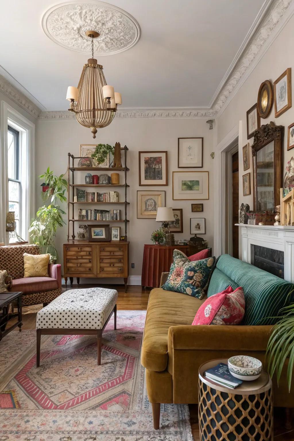 A mixed style of pieces creates a unique and calm room.