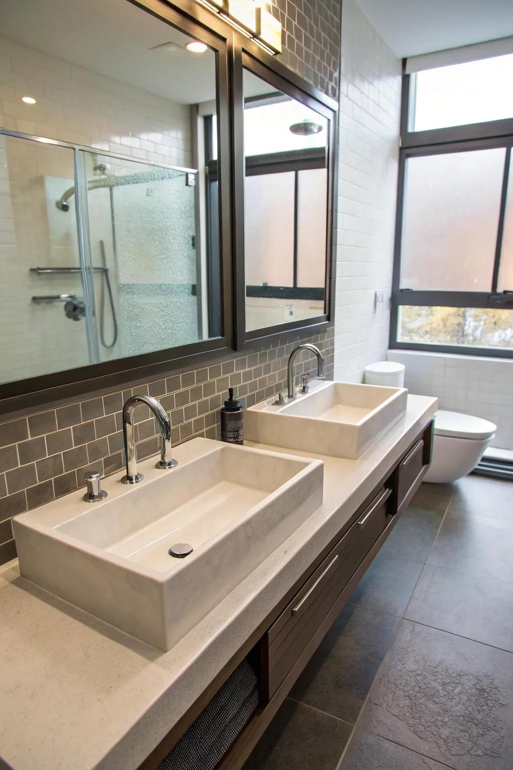 A modern trough sink equipped with double faucets makes a bold statement.
