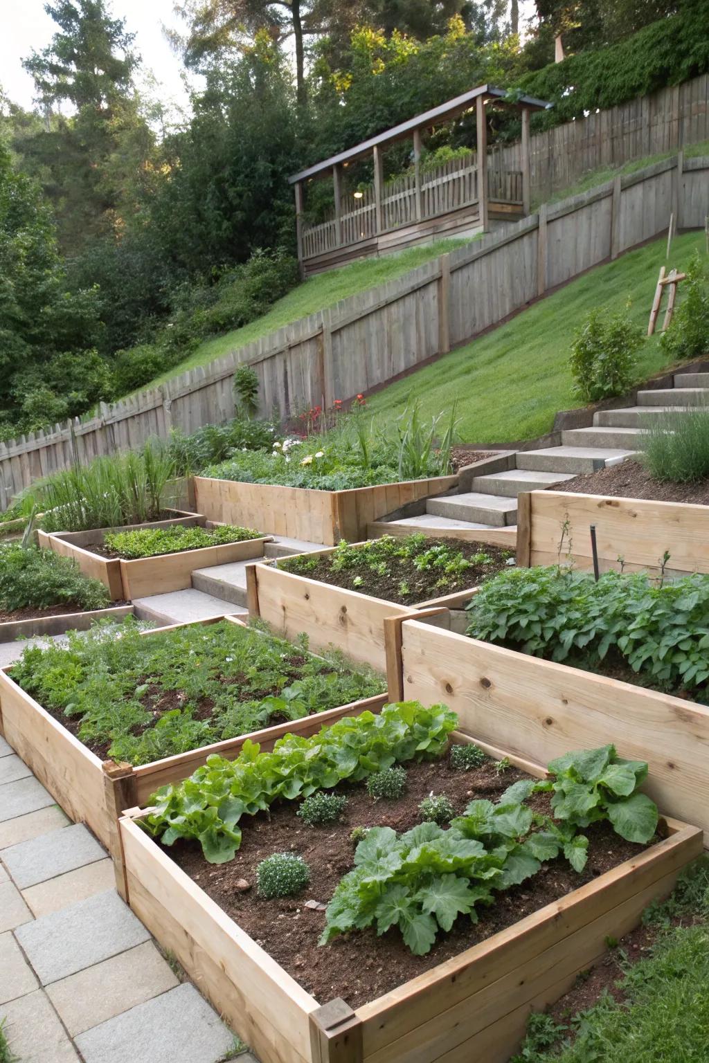 A vegetable patch on a slope provides fresh produce and effective space utilization.