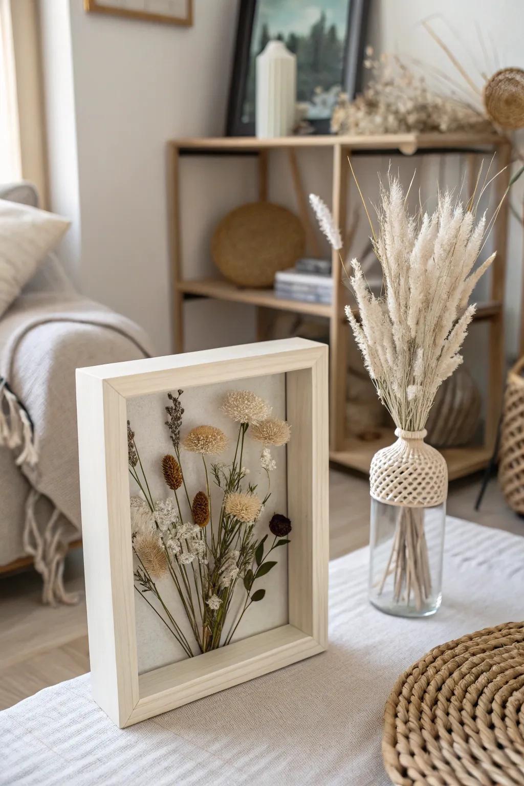 Make a bold statement using a monochrome dried flower display case.