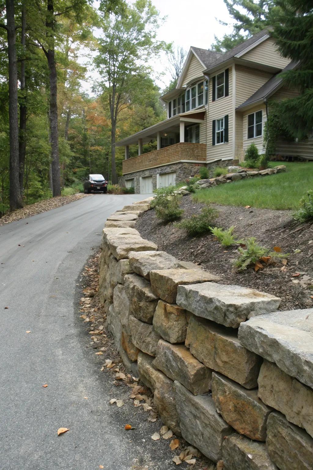 A stone defense wall adds rustic charm to the berm.