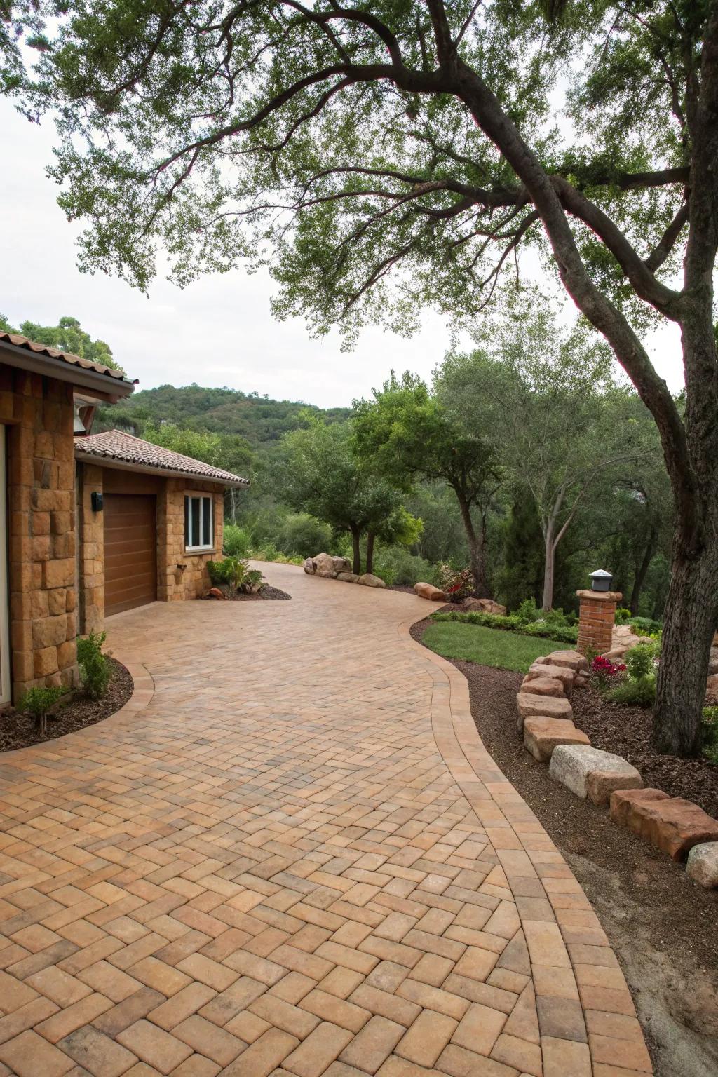 Earth-toned pavers add warmth and coziness to the driveway.