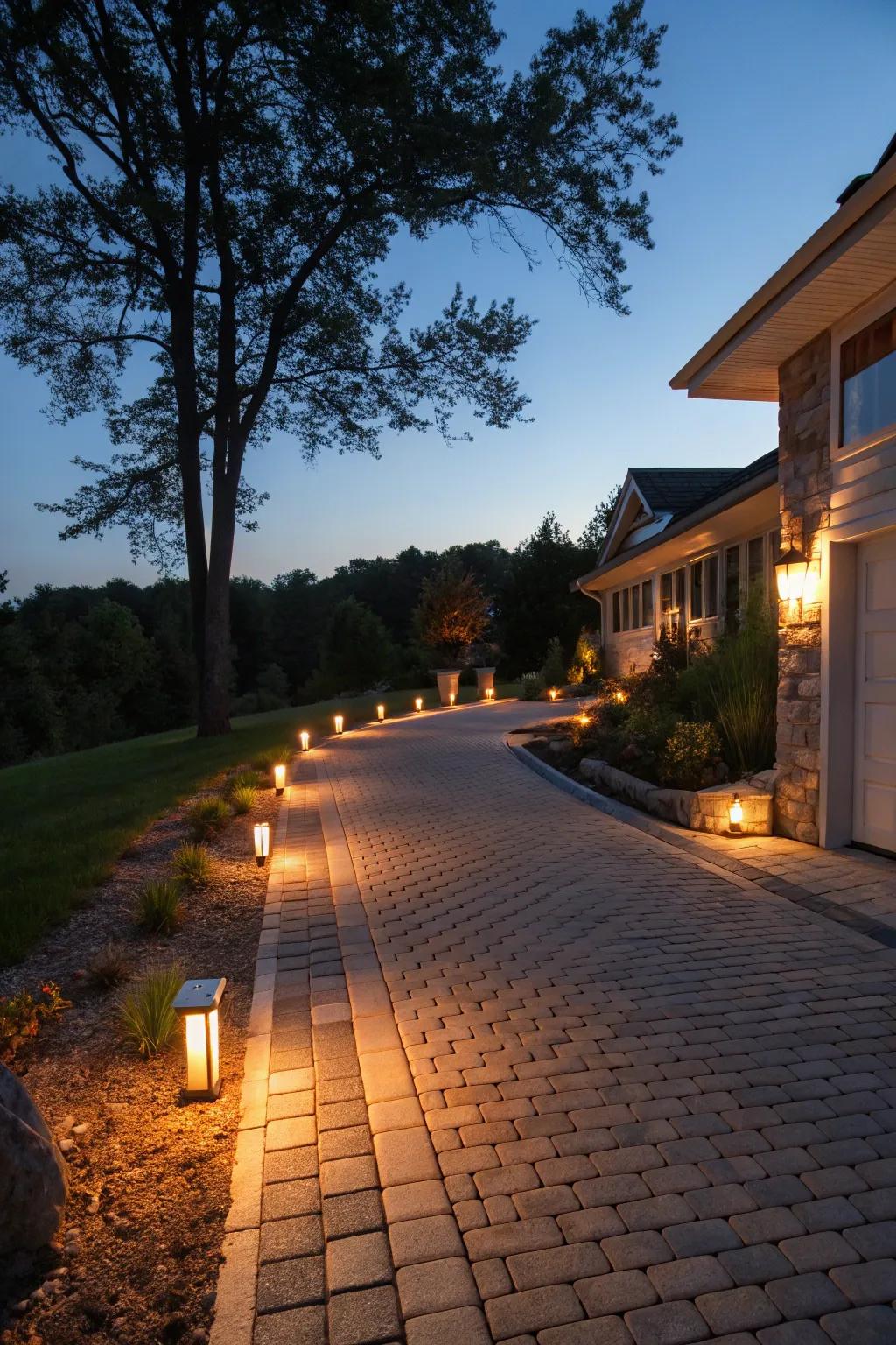 A magical evening driveway with integrated block lighting.