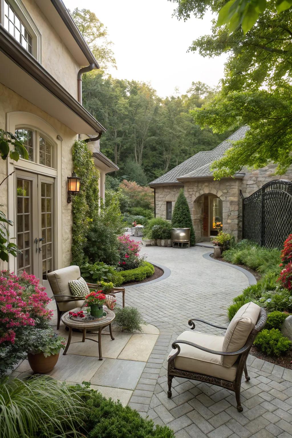 A creative courtyard driveway idea featuring spaces for leisure.