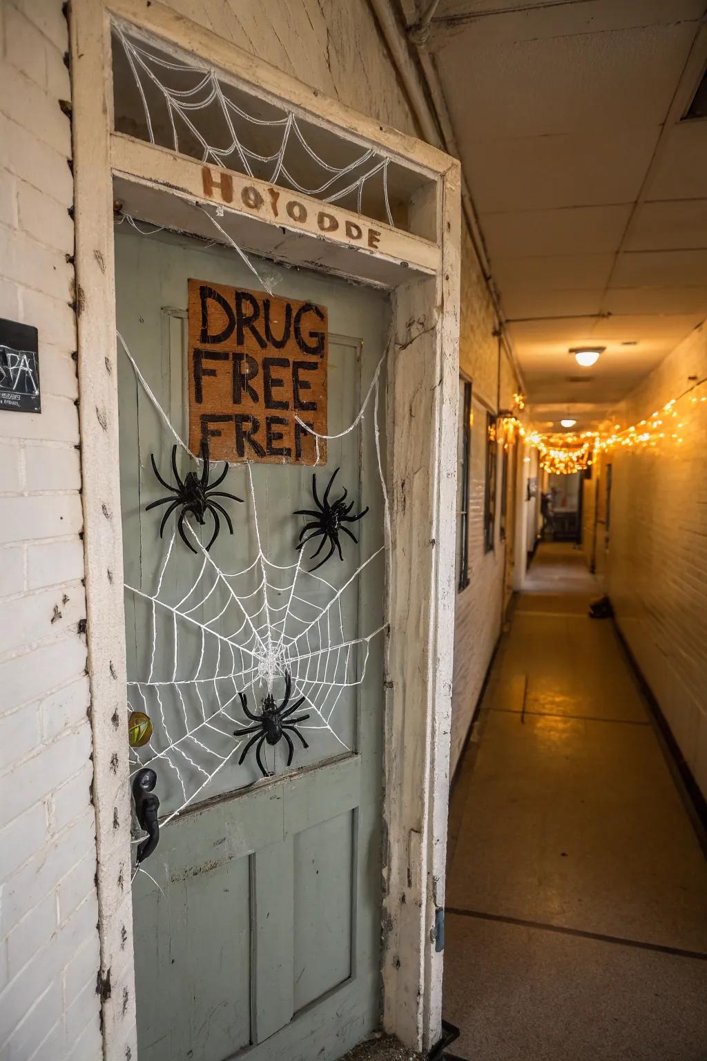 A spider web-themed door decoration featuring a substance-free message.