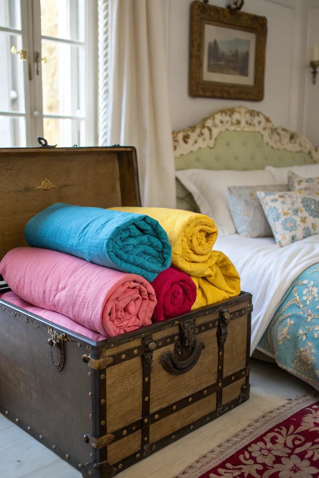 Decorative chests provide a charming and spacious storage solution.