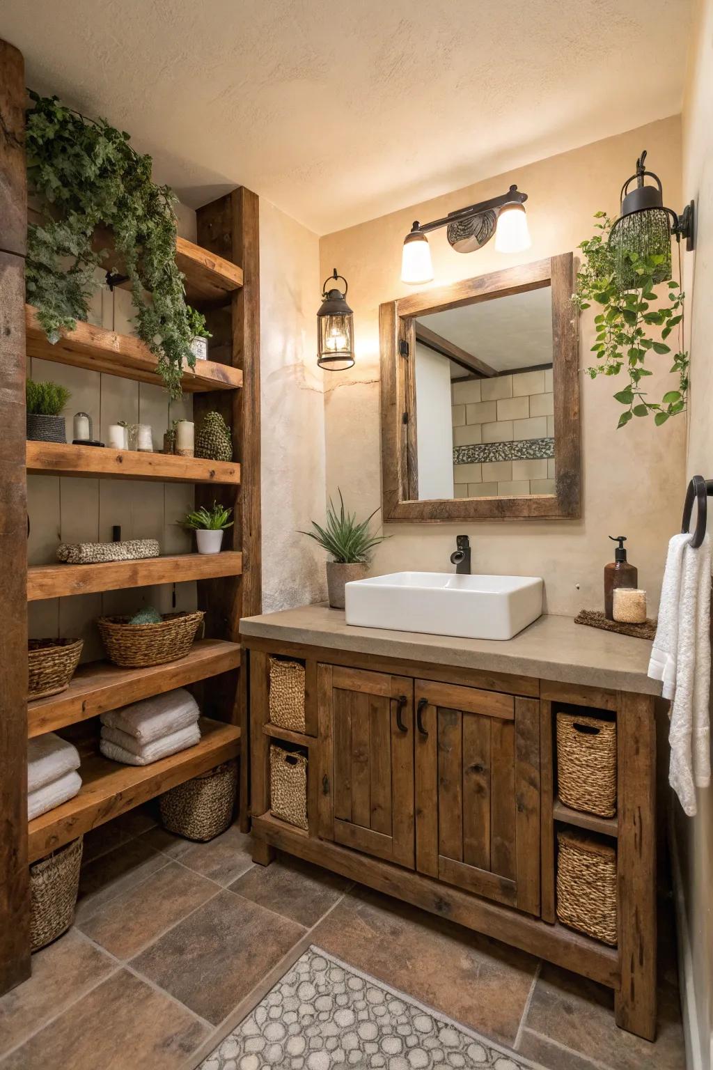 Repurposed wood adds simple charm and character to the bathroom.