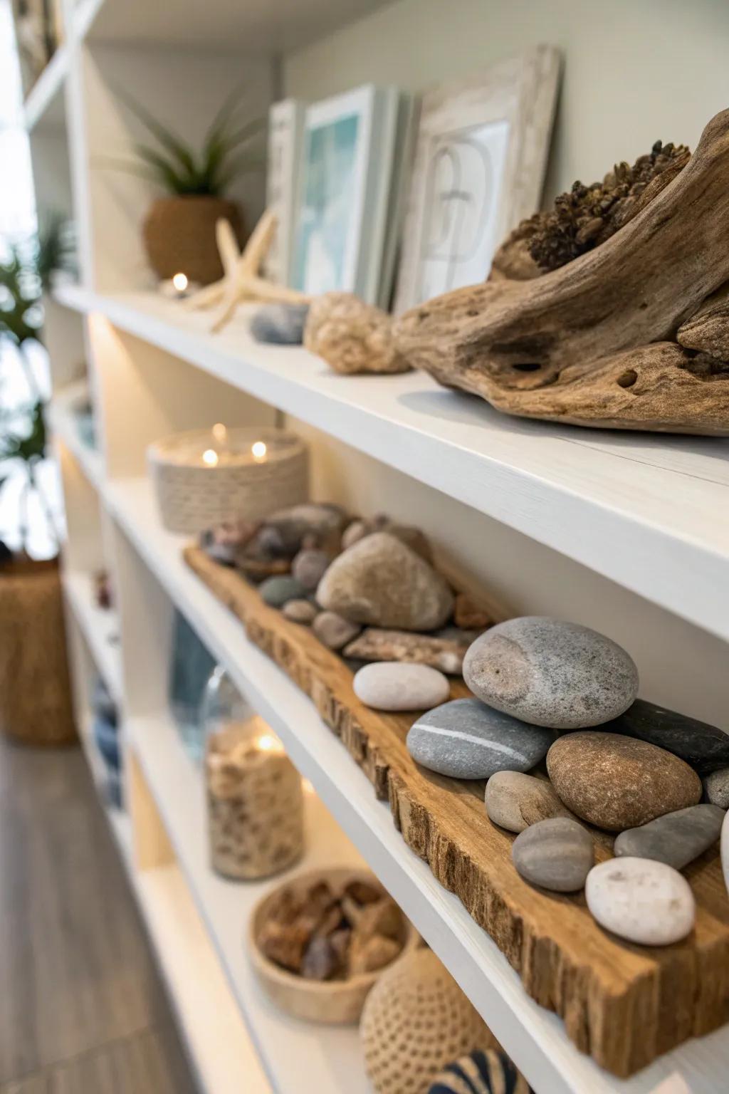 A shelf exhibiting natural keepsakes such as stones and driftwood.