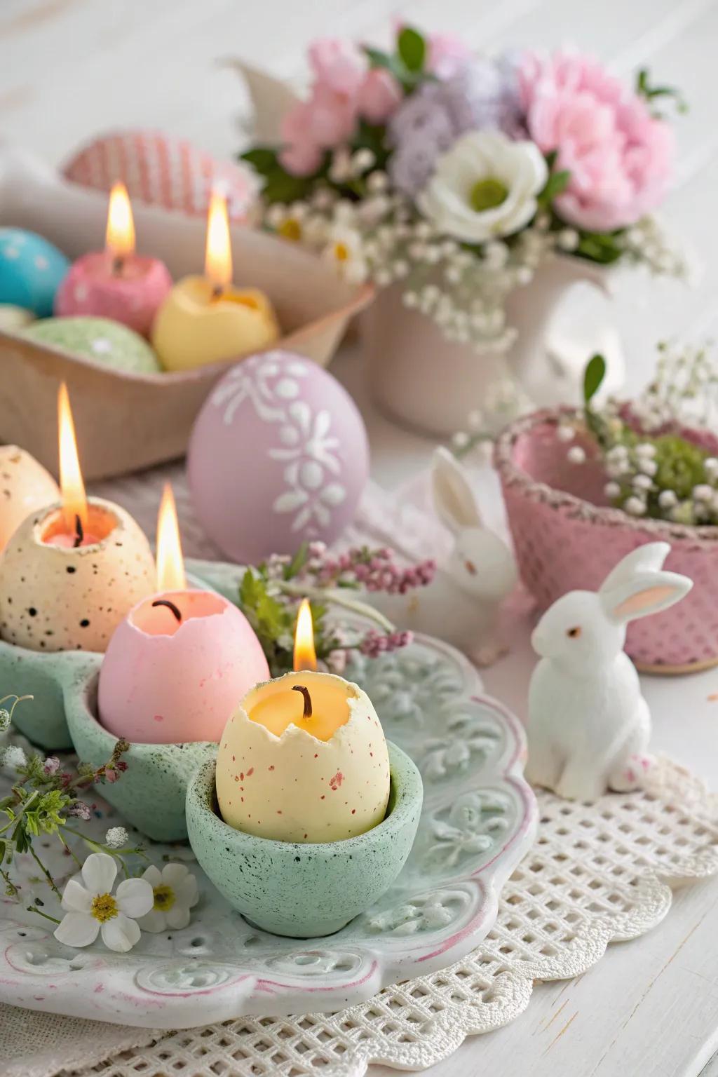 Eggshell lights impart a distinctive and snug touch to the Easter table.