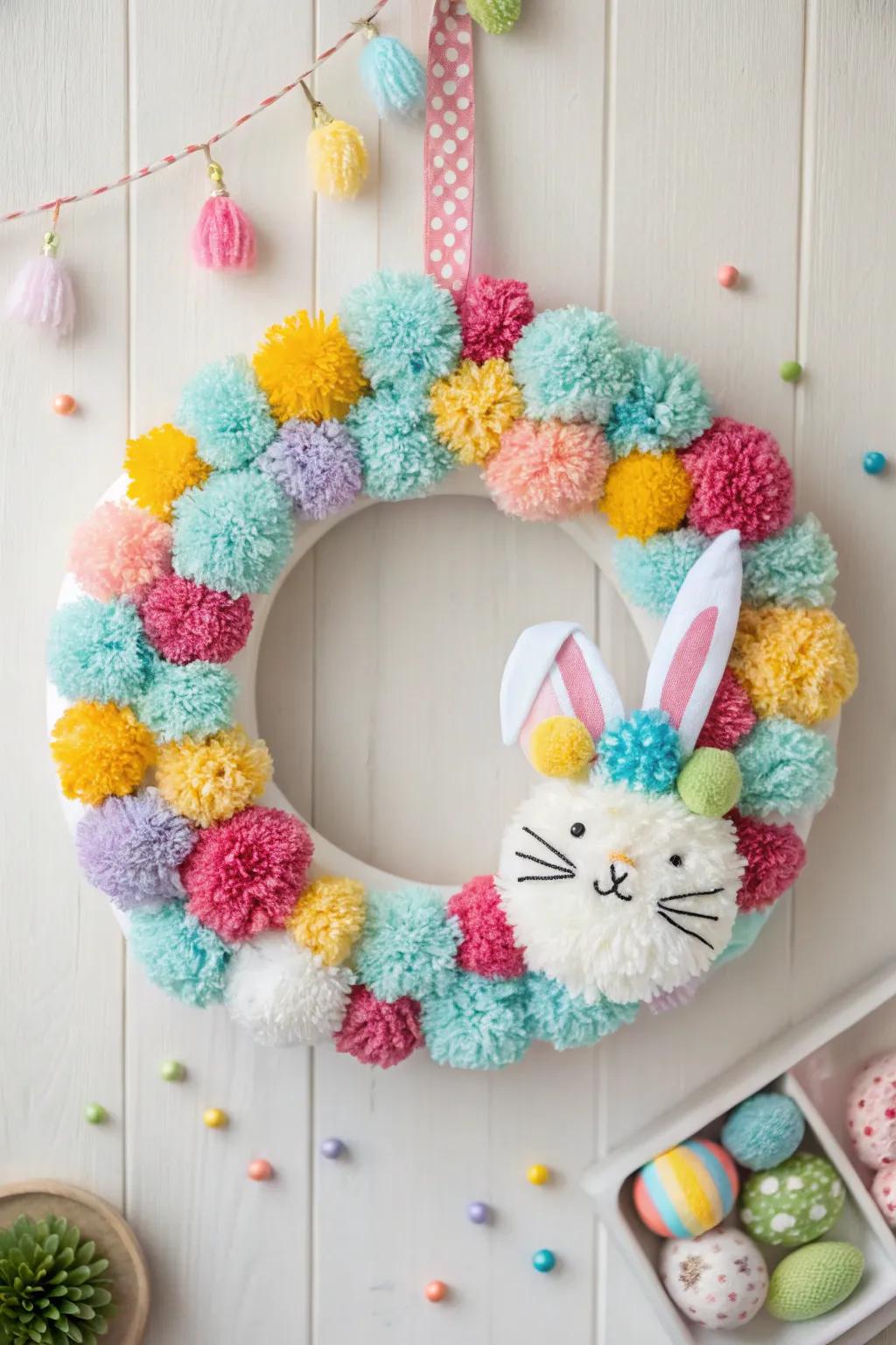 A jovial and whimsical Easter wreath with woolen spheres and a rabbit, ideal for playful ornamentation.