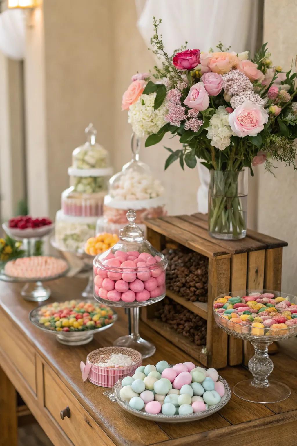 Fresh flowers beautifully complementing the sweet display.