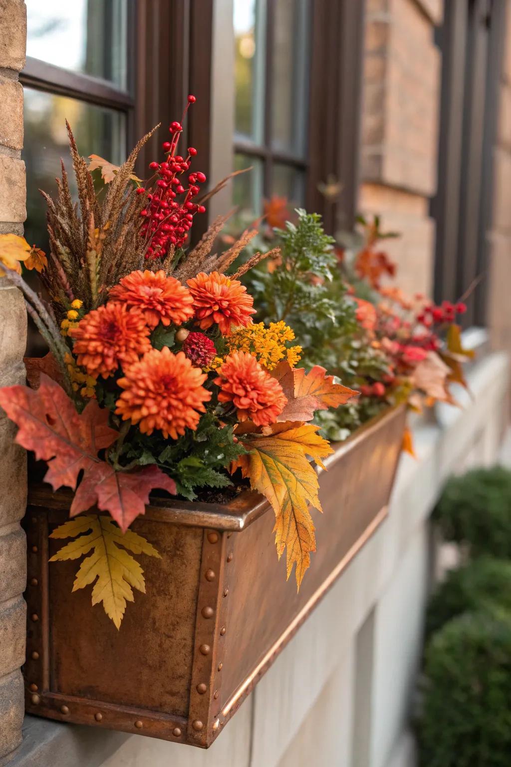 Metallic planters add elegance to fall displays.