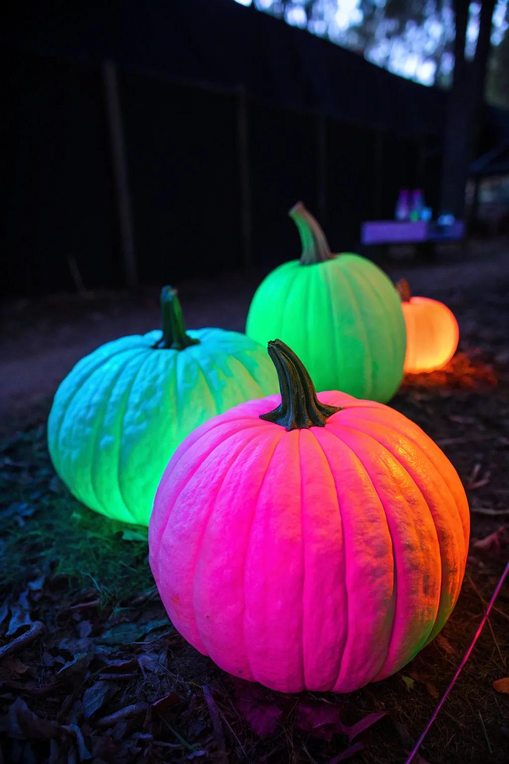 Pumpkins painted with neon evoke a ghastly radiance, apt for a spooky Halloween ambiance.