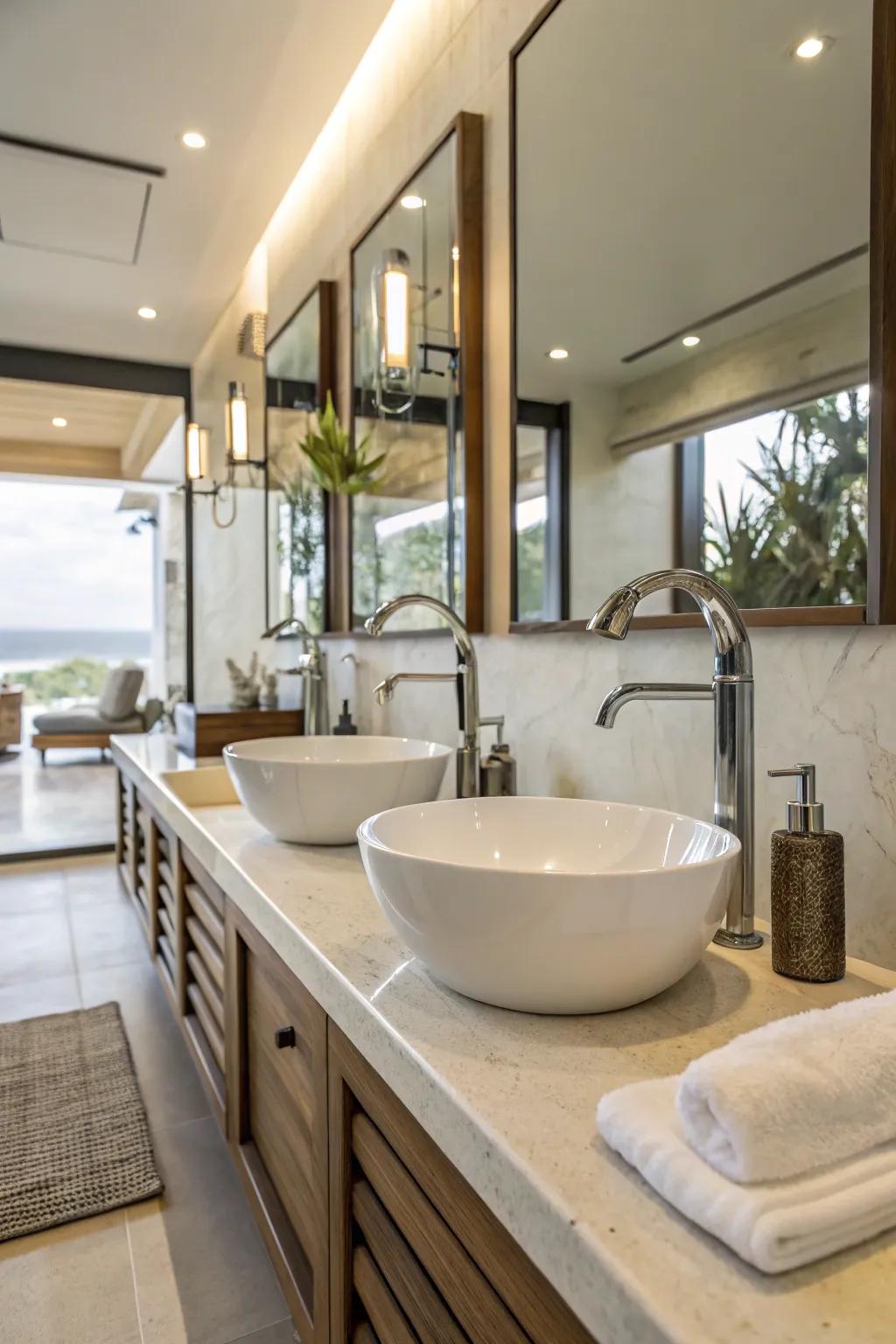 A modern bathroom fitted with elegant low-flow faucets and fixtures.