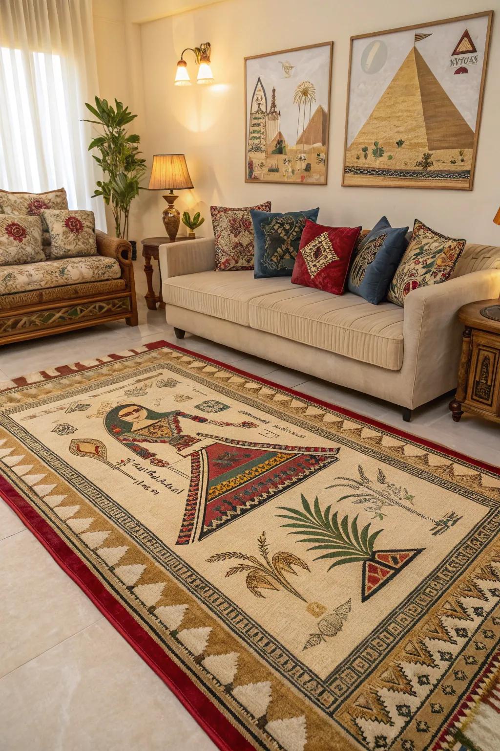 Egyptian rugs contribute texture and intricate detailing at your feet.