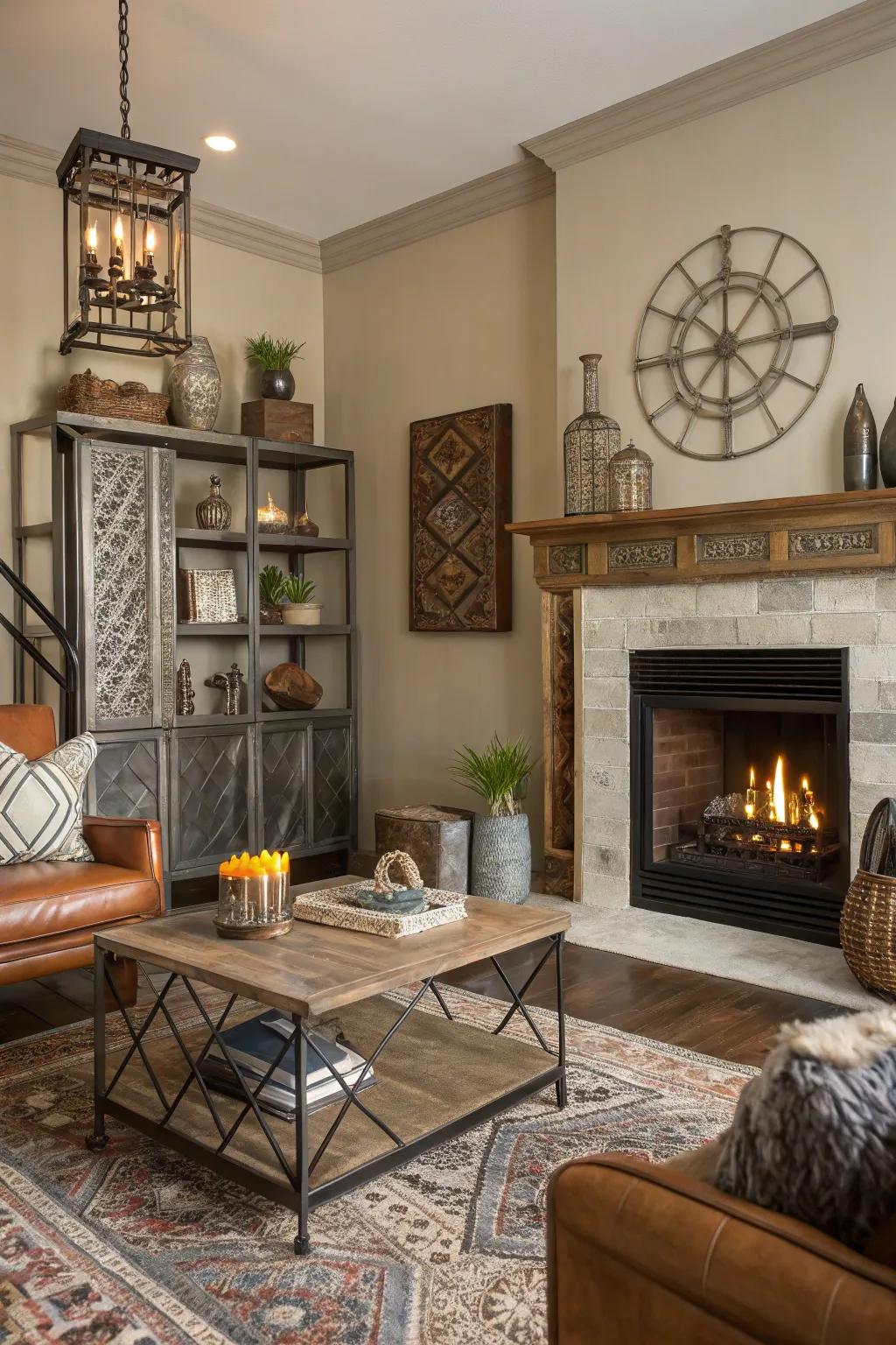 An eclectic living room features a fireplace mixing metal, wood, and glass elements.