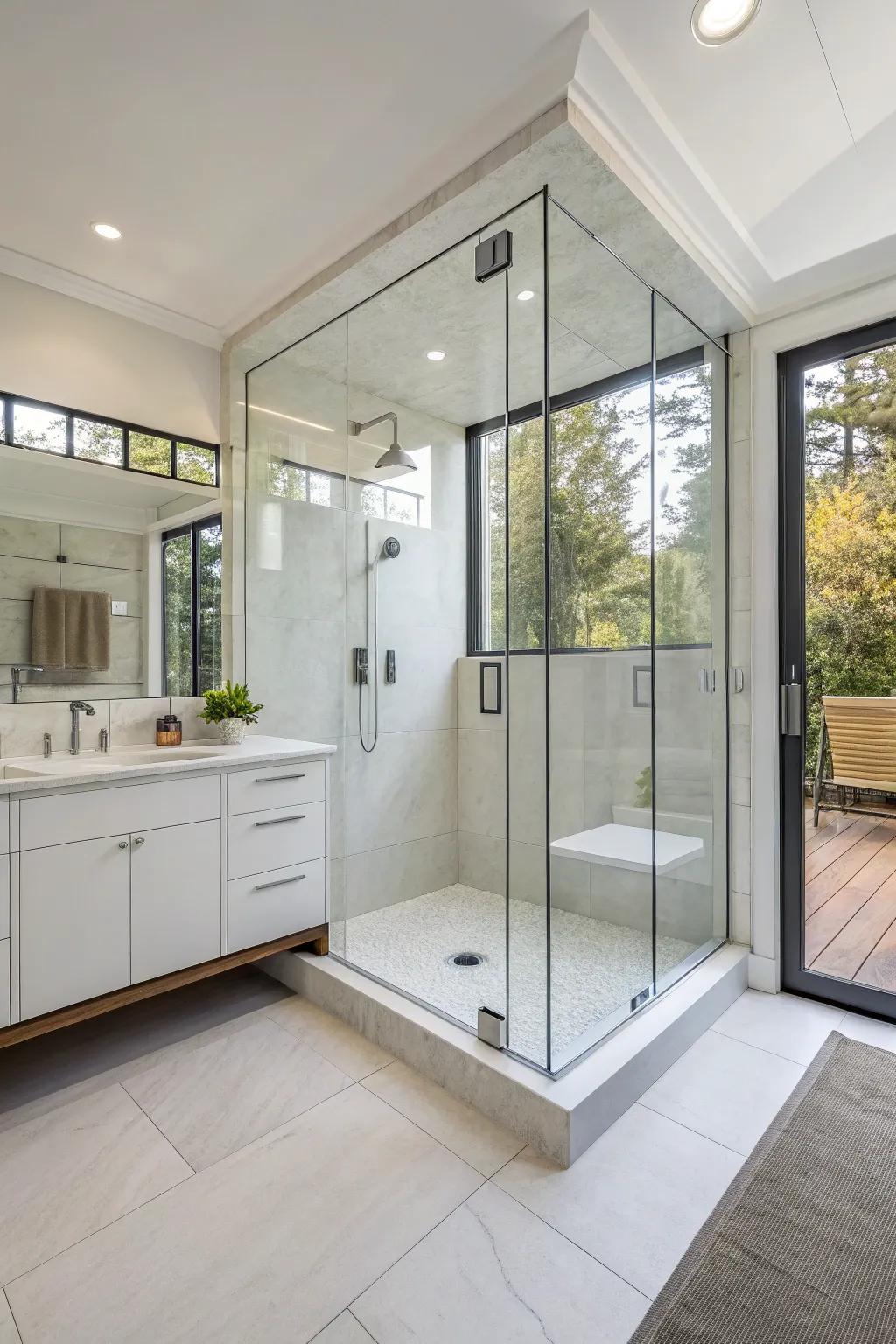 Edges showers enhance the openness of this elegant bathroom.