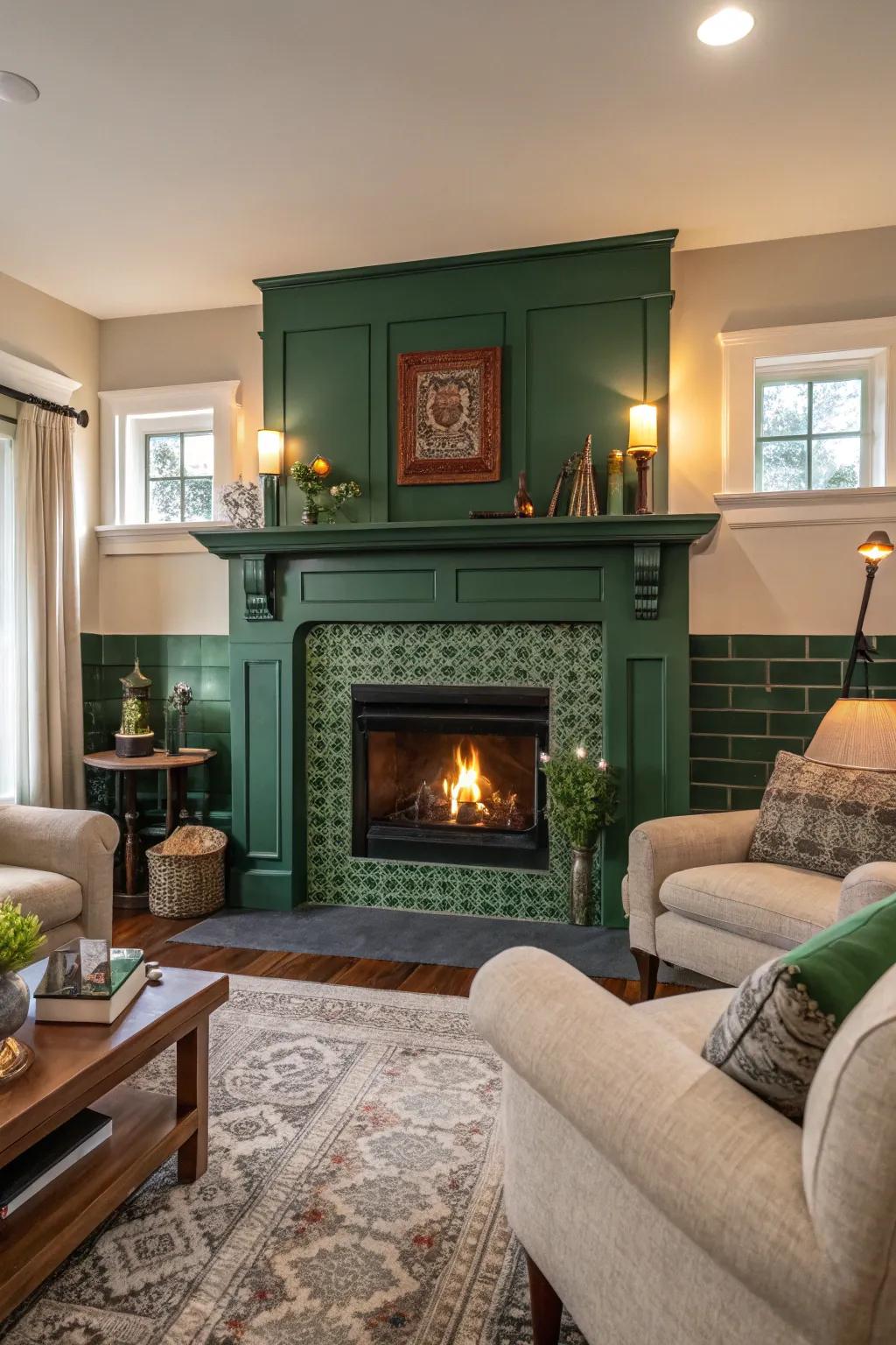 Forest green fireplace as the comfy point of focus.