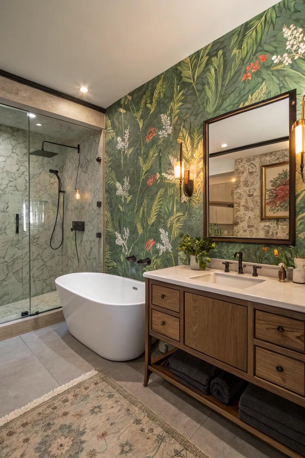 A charming botanical wallpaper creating a serene retreat.