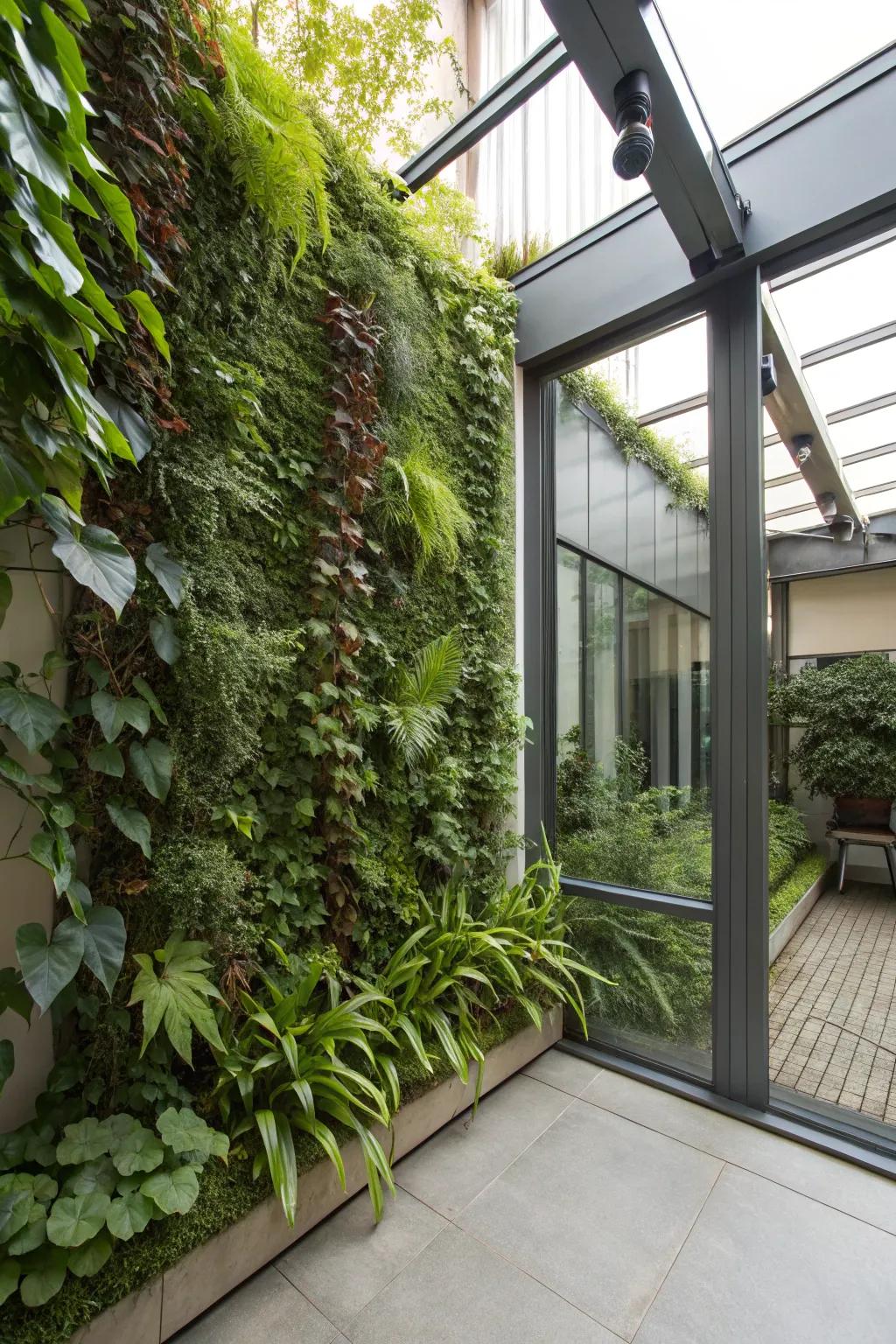 An animated upright garden imparting a hint of nature to the enclosed patio.