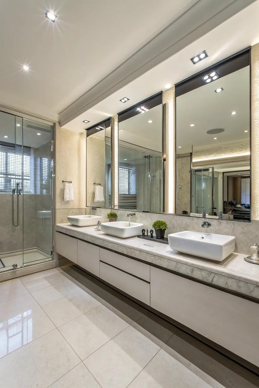 Shiny surfaces make light and space better in this stylish bathroom.