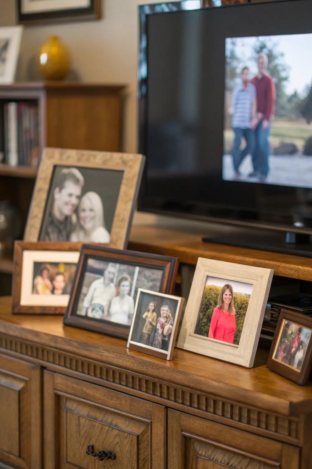 The diverse arrangement of family photos adds a personal dimension to this entertainment center.