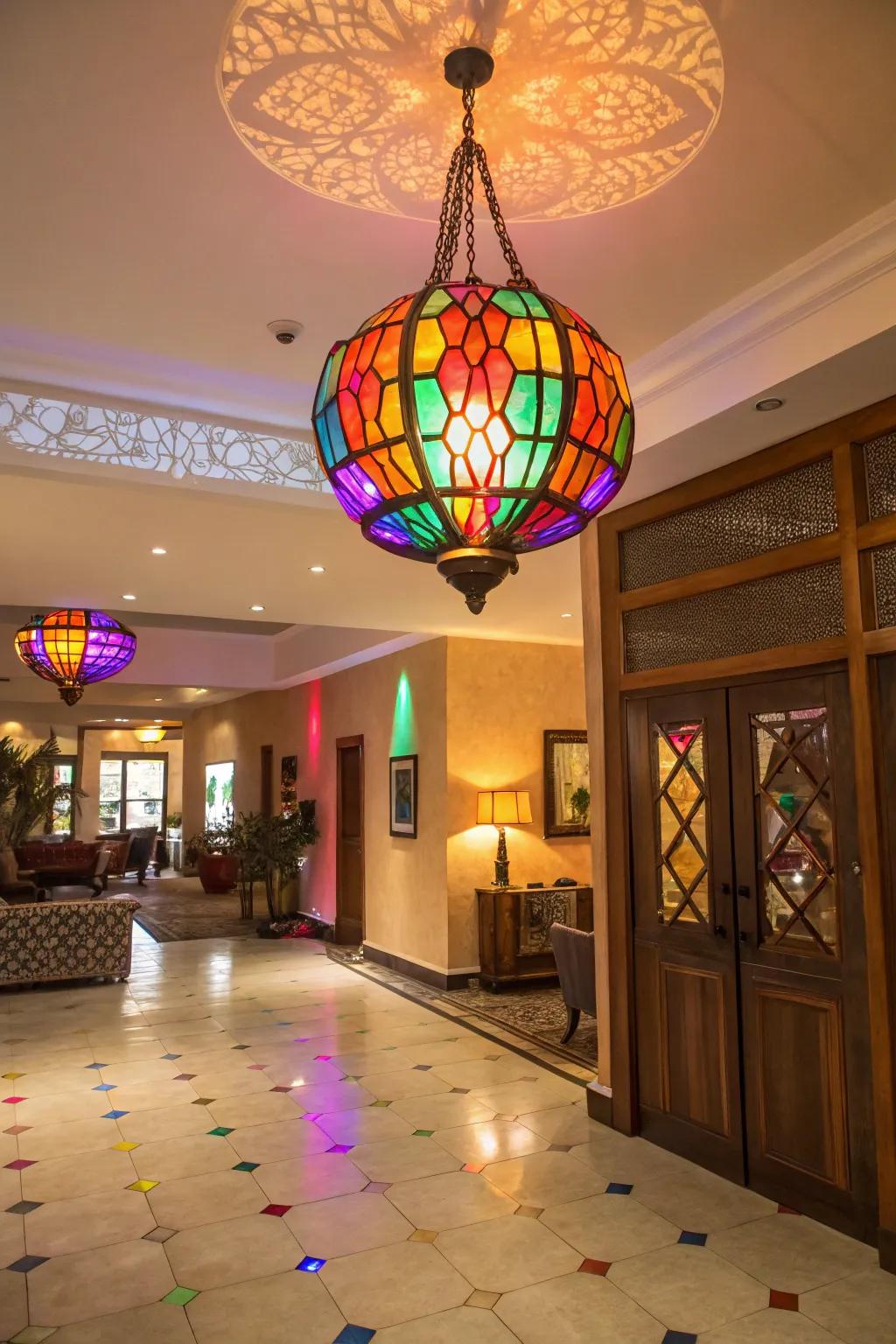 Colorful lighting adds a burst of energy to this entrance.