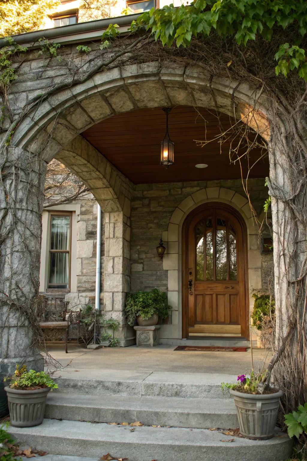 A gorgeous stone archway enhancing the elegance of the front porch.