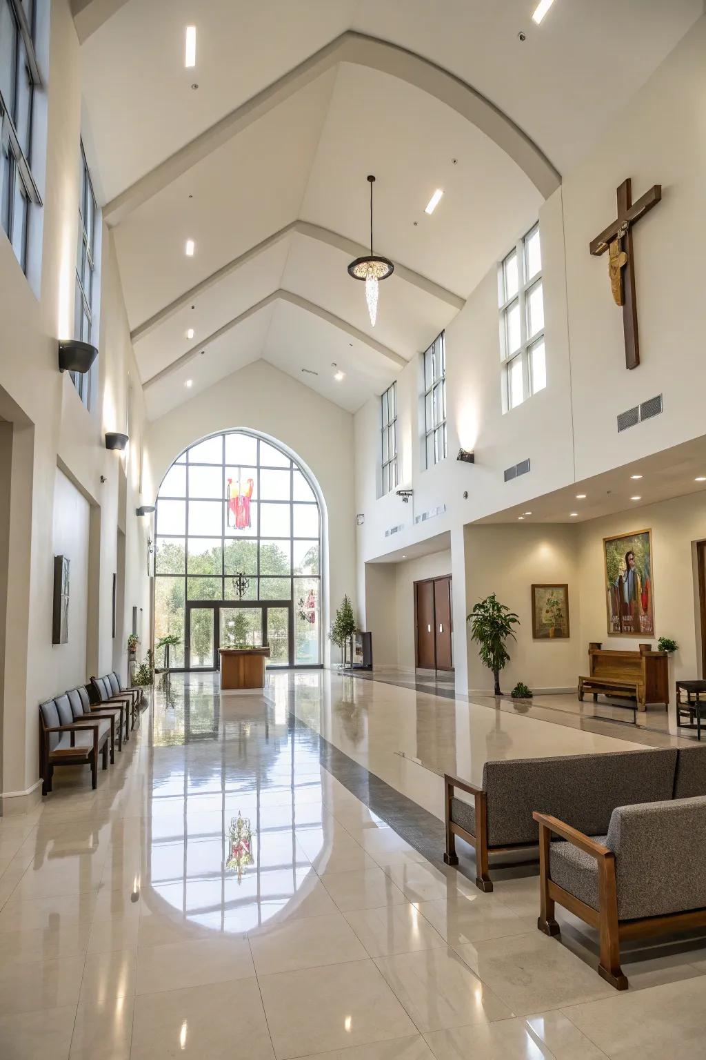A modern, clean design in the church foyer maintains tradition while feeling fresh.