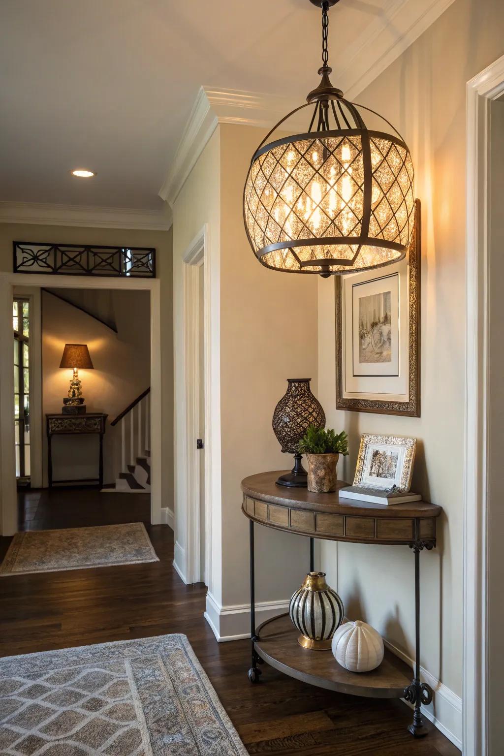 A unique light fixture elevates the atmosphere of the entryway.