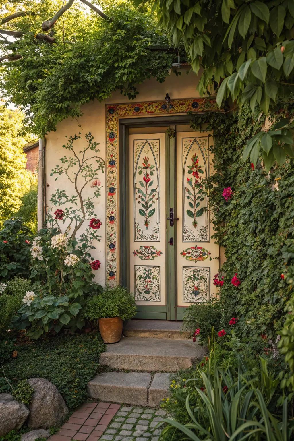 Flower designs and plants add a natural touch.