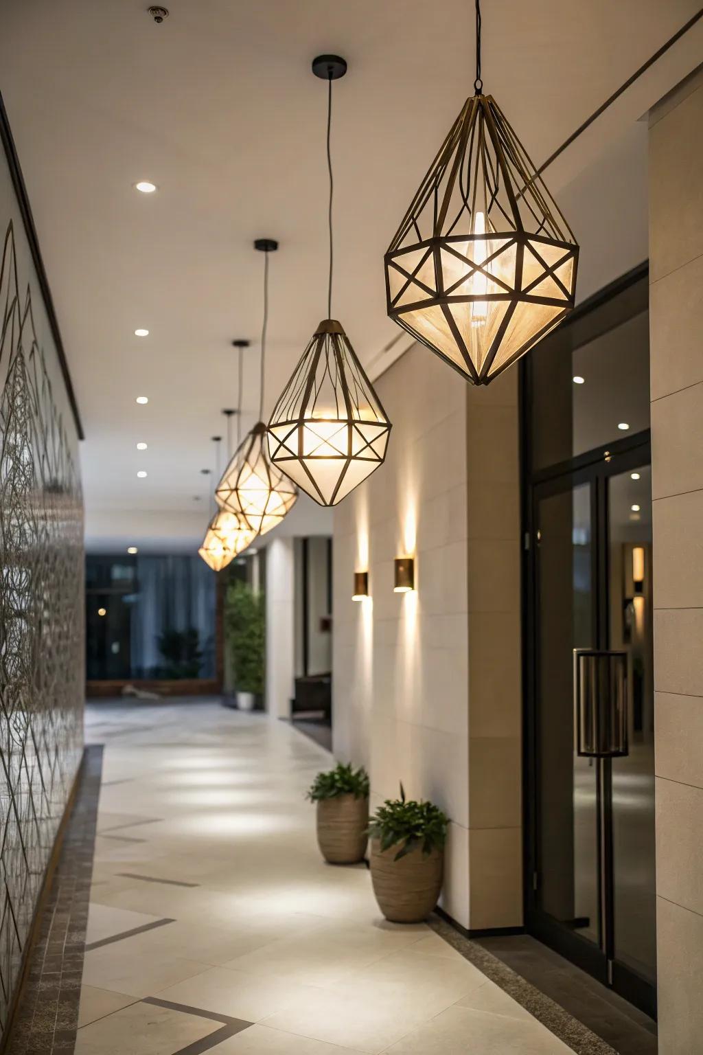Lighting fixtures featuring surprising shapes introduce a playful trace to this doorway.