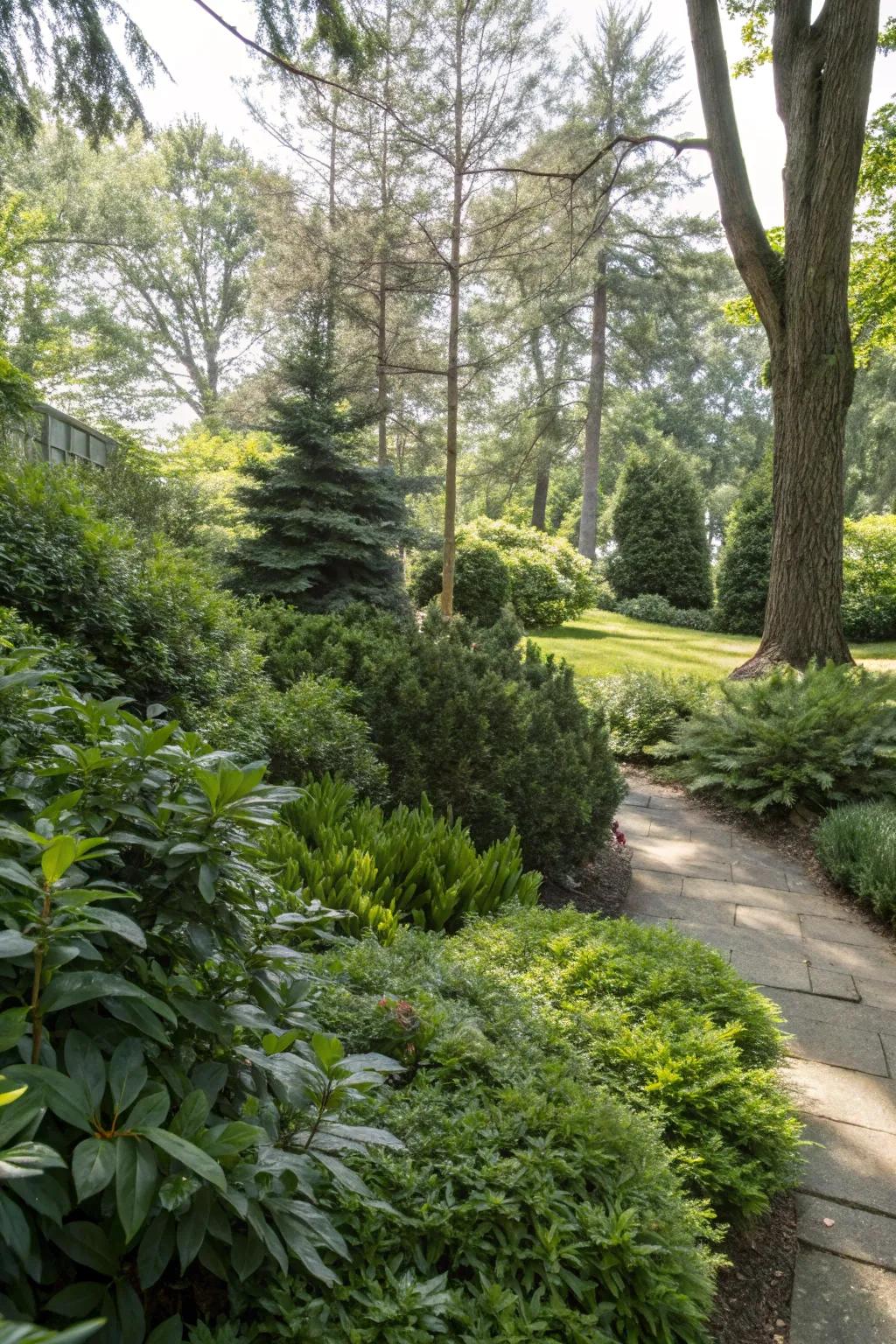 A shady garden corner made brighter by energetic evergreen plants.