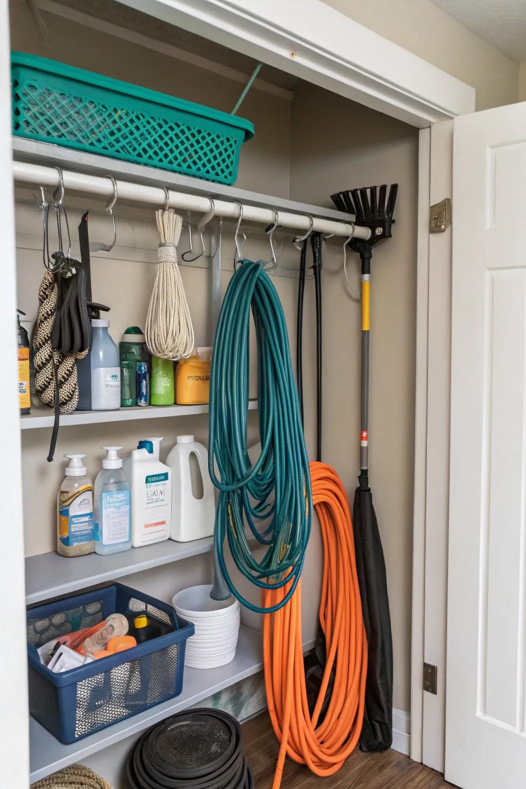 A spring rod is an efficient space-saver for cord storage.