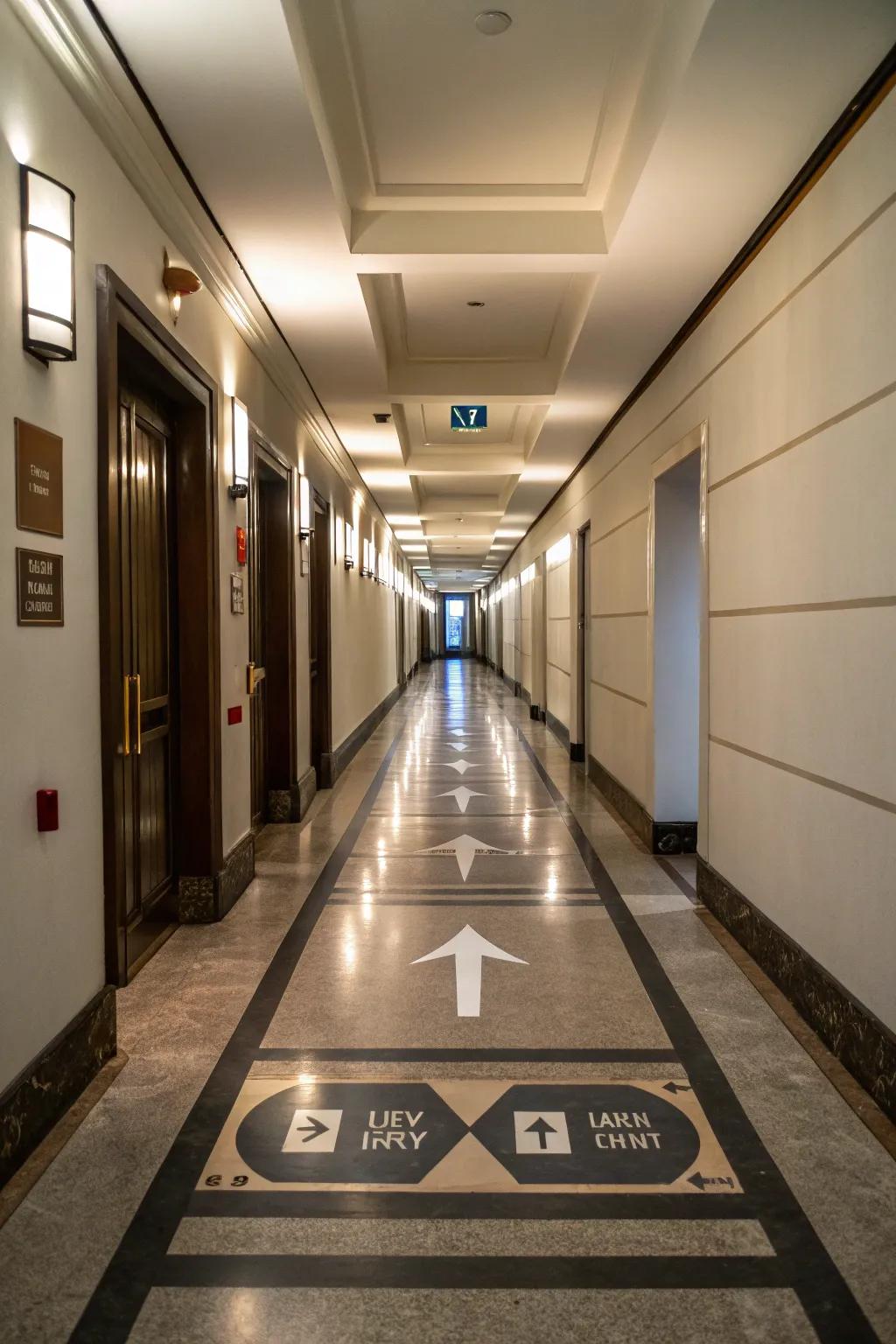 A quirky passage spotlighting route-indicating floor brands.