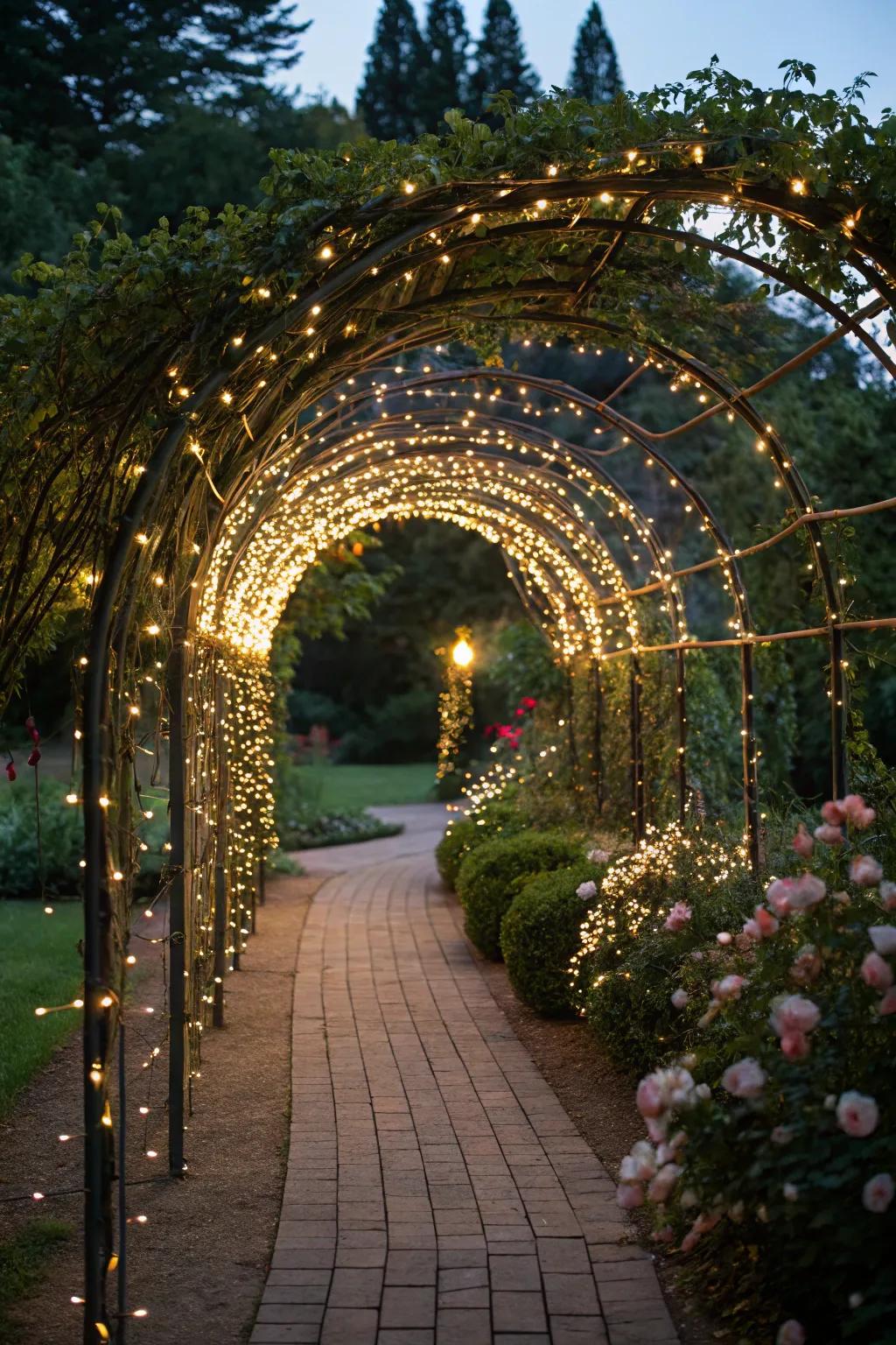 A twinkle light gateway at the entrance warmly welcomes guests.