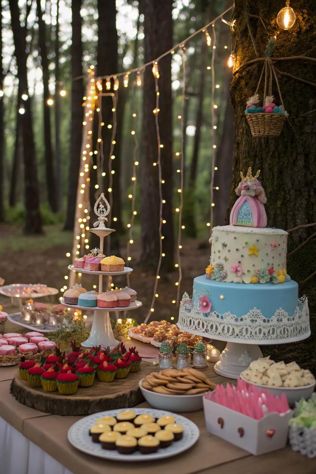 An exquisite dessert table with fairytale-themed goodies.