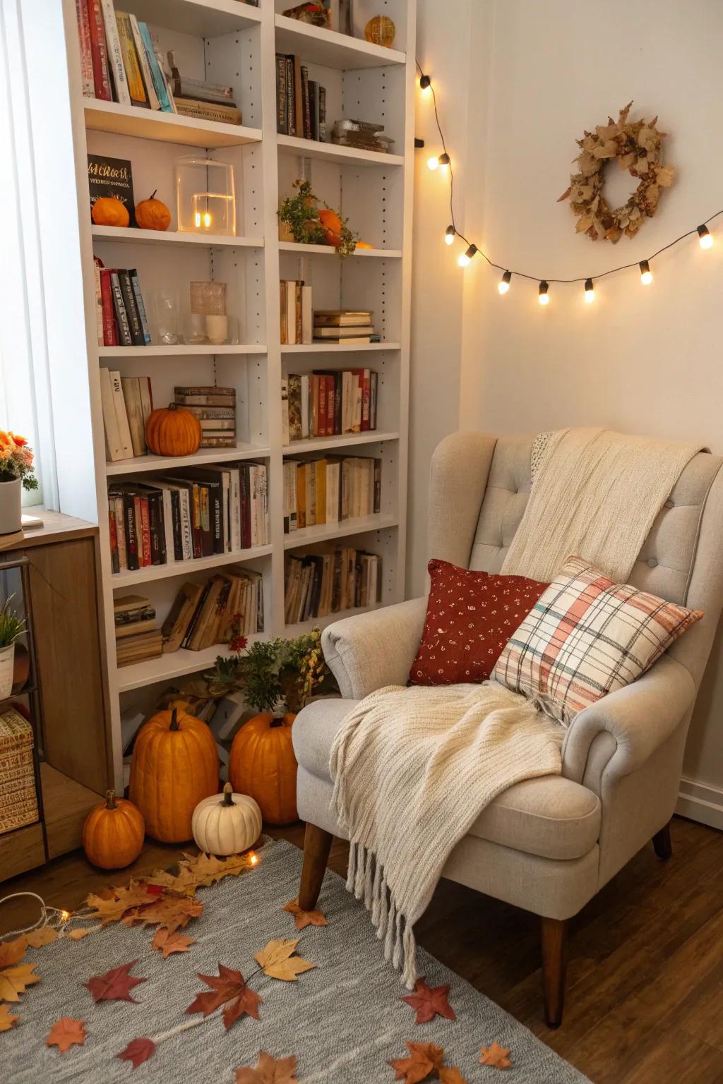 A book sanctuary with autumnal decor delivers a snug perusing area.